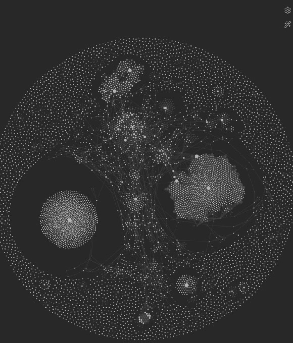 Obsidianの全体グラフ。点はノート、線は内部リンク。密集の多さではなく、孤立したノート、テーマをまたぐ橋、接続の偏りを見るための画面。