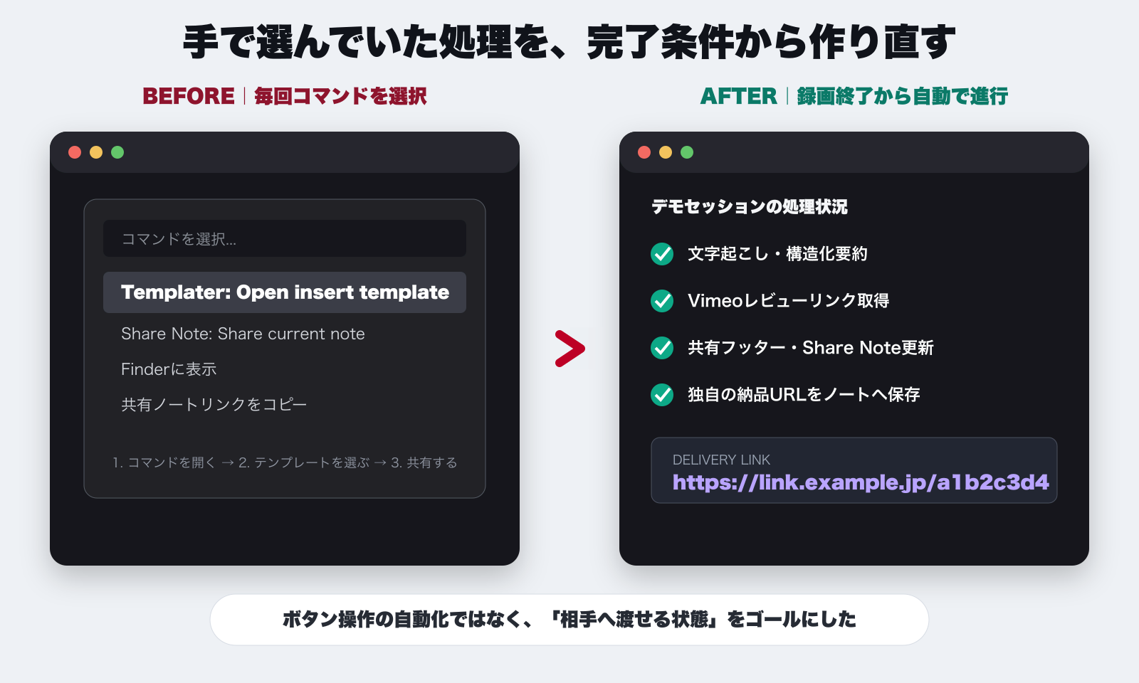 以前はObsidianのコマンド画面から共有テンプレートを選んでいた手動フローの再現画面